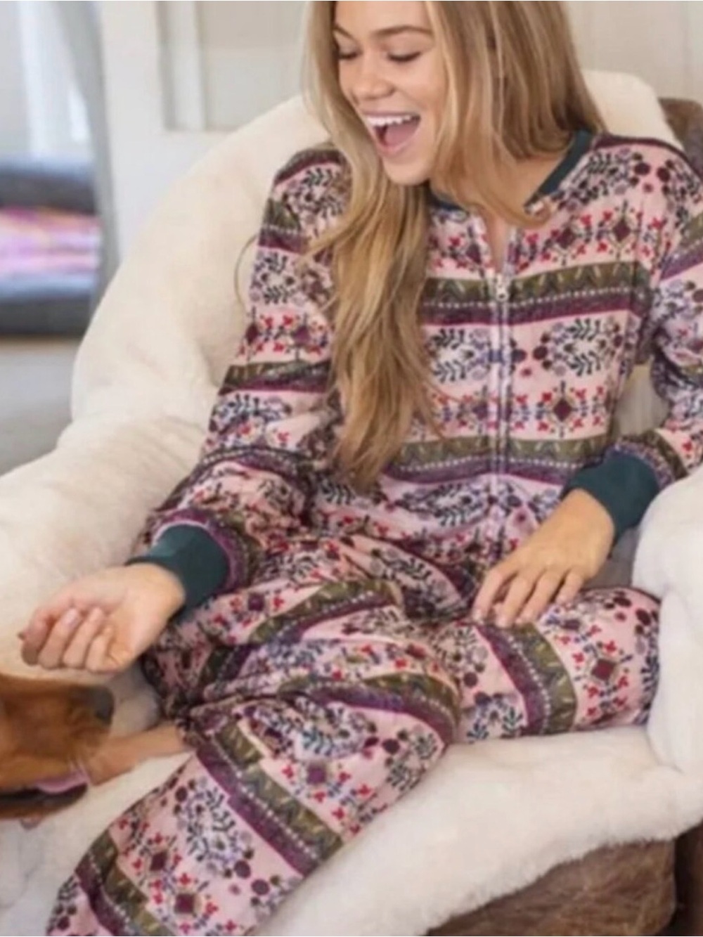 Natural Life Cozy Fleece Fall Colored Floral Zip Up Onesie size Medium